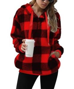 GRMLRPT Damen Fleecepullover Casual Hoodies Flauschiger Fleece Reißverschluss Damen Sweatshirts mit Taschen für Damen Herbst Winterpullover Essentials(Rot-S) von GRMLRPT