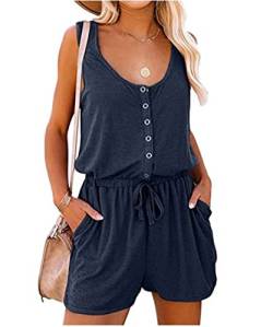 GRMLRPT Damen Jumpsuit Elegant Ärmellos U-Ausschnitt Overall Sommer Lose Hosenanzug Kurz Playsuit Romper Sommer Strand Beachwear(Blau,L) von GRMLRPT