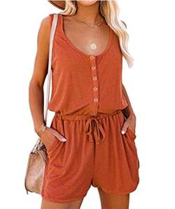 GRMLRPT Damen Jumpsuit Elegant Ärmellos U-Ausschnitt Overall Sommer Lose Hosenanzug Kurz Playsuit Romper Sommer Strand Beachwear(Orange,L) von GRMLRPT