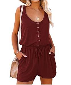 GRMLRPT Damen Jumpsuit Elegant Ärmellos U-Ausschnitt Overall Sommer Lose Hosenanzug Kurz Playsuit Romper Sommer Strand Beachwear(Rot,M) von GRMLRPT