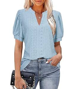 GRMLRPT Damen Kurzarm V-Ausschnitt Bluse Loose Casual T-Shirts Sommer Tops Bluse Puffärmel Tunika Lässig(Blau,L) von GRMLRPT