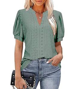 GRMLRPT Damen Kurzarm V-Ausschnitt Bluse Loose Casual T-Shirts Sommer Tops Bluse Puffärmel Tunika Lässig(Grün,L) von GRMLRPT