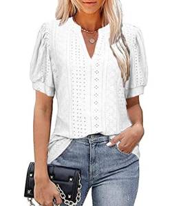 GRMLRPT Damen Kurzarm V-Ausschnitt Bluse Loose Casual T-Shirts Sommer Tops Bluse Puffärmel Tunika Lässig(Weiß,M) von GRMLRPT