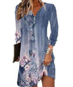 GRMLRPT Damen Langarm V-Ausschnitt Kleid Bohemian Blumen Sommerkleider MiniKleid Blumendruck Lose Tunika Freizeitkleid(Blau,S) von GRMLRPT