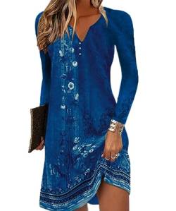 GRMLRPT Damen Langarm V-Ausschnitt Kleid Bohemian Blumen Sommerkleider MiniKleid Blumendruck Lose Tunika Freizeitkleid(Blau,XL) von GRMLRPT