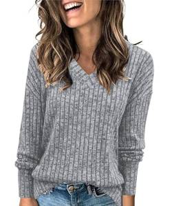 GRMLRPT Damen Pullover Casual V-Ausschnitt Langarmshirt Leichtes Herbst Strickpullover Winter Oberteile S-2XL(Grau,M) von GRMLRPT