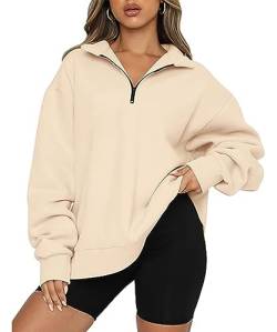 GRMLRPT Damen Pullover Lässige Oversized Hoodie Reißverschluss Damen Rollkragenpullover Herbst Pullover für Damen Kapuzenloser Winterpullover Essentials(Beige,L) von GRMLRPT