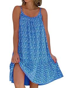GRMLRPT Damen Sommer Casual Blumen Maxikleid Boho Ärmellose Leicht Sommerkleid Knielang Elegante Strandkleid Kurz Kleid(Blau,M) von GRMLRPT