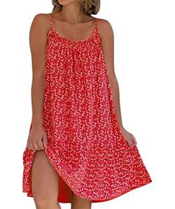 GRMLRPT Damen Sommer Casual Blumen Maxikleid Boho Ärmellose Leicht Sommerkleid Knielang Elegante Strandkleid Kurz Kleid(Rot,L) von GRMLRPT