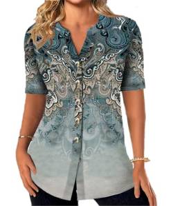 GRMLRPT Damen T-Shirts Kurzarm V-Ausschnitt Sommer Casual Elegant Bedruckt Blusen & Tuniken Damen Blusenshirt mit Lockerer Passform Oberteile für Sommer(Blau,L) von GRMLRPT