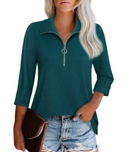 GRMLRPT Damen Tops Langarm V-Ausschnitt 3/4 Ärmel Damen Poloshirts Blusen Reißverschlusskragen Oberteile Bedruckte Bluse Damen Elegant Lässige Hemd Langarmshirts für Damen(Blau,M) von GRMLRPT