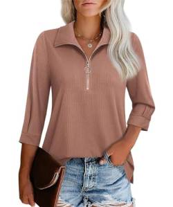 GRMLRPT Damen Tops Langarm V-Ausschnitt 3/4 Ärmel Damen Poloshirts Blusen Reißverschlusskragen Oberteile Bedruckte Bluse Damen Elegant Lässige Hemd Langarmshirts für Damen(Rosa,L) von GRMLRPT