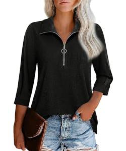 GRMLRPT Damen Tops Langarm V-Ausschnitt 3/4 Ärmel Damen Poloshirts Blusen Reißverschlusskragen Oberteile Bedruckte Bluse Damen Elegant Lässige Hemd Langarmshirts für Damen(Schwarz,XL) von GRMLRPT