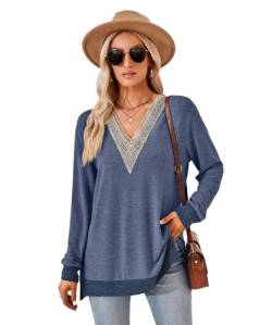 GRMLRPT Oberteile Langarm Damen V-Ausschnitt Bluse Elegant Hemdbluse Casual T-Shirts Tops Basic Einfarbige Tunika Lässig Feder Herbst(Blau,L) von GRMLRPT