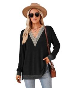 GRMLRPT Oberteile Langarm Damen V-Ausschnitt Bluse Elegant Hemdbluse Casual T-Shirts Tops Basic Einfarbige Tunika Lässig Feder Herbst(Schwarz,S) von GRMLRPT