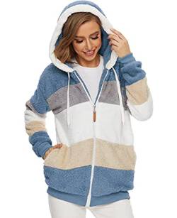 GRMLRPT Teddy Fleecejacke mit Kapuze Plüschjacke Damen Kapuzenjacke Fellmantel Fleece Jacke mit Reißverschluss Lässige Jacken Mantel Wintermantel Oberteile mit Taschen(L,Blau) von GRMLRPT