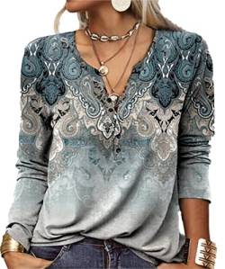 GRMLRPT Tops Damen Langarm Rundhal Tshirts Tunika Oberteile Bedruckte Bluse Damen Elegant Lässige Hemd Knopfleiste (Blau-U,M) von GRMLRPT