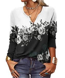GRMLRPT Tops Damen Langarm Rundhal Tshirts Tunika Oberteile Bedruckte Bluse Damen Elegant Lässige Hemd Knopfleiste (Schwarz-U,S) von GRMLRPT