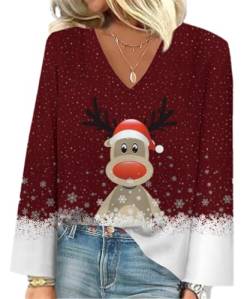 GRMLRPT Tops Damen Langarm Weihnachtliche Oberteile V-Ausschnitt T-Shirts Tunika Oberteile Bedruckte Bluse Damen Elegant Lässige Hemd Langarmshirts für Damen(J-Rot,L) von GRMLRPT