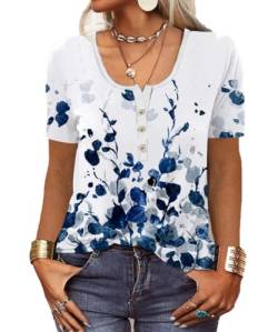 GRMLRPT Tops für Damen Kurzarm Rundhal T-Shirts Tunika Oberteile Bedruckte Blusen für Mädchen Elegant Lässige Hemd Knopfleiste(Blau-2- Kurzarm,M) von GRMLRPT