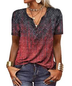 GRMLRPT Tops für Damen Kurzarm Rundhal T-Shirts Tunika Oberteile Bedruckte Blusen für Mädchen Elegant Lässige Hemd Knopfleiste(Rot- Kurzarm,XXL) von GRMLRPT