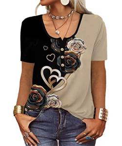 GRMLRPT Tops für Damen Kurzarm Rundhal T-Shirts Tunika Oberteile Bedruckte Blusen für Mädchen Elegant Lässige Hemd Knopfleiste(Schwarz-Kurzarm,L) von GRMLRPT