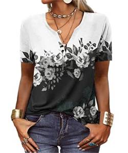 GRMLRPT Tops für Damen Kurzarm Rundhal T-Shirts Tunika Oberteile Bedruckte Blusen für Mädchen Elegant Lässige Hemd Knopfleiste(Schwarz-Kurzarm,XL) von GRMLRPT