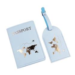 GRONGU Fashion Travel Passport Cover PU Brief Print Gepäck Koffer Adresshalter Gepäck Boarding Label Passschutz für Frauen, hellblau, 2 Stück von GRONGU