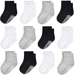 GRPSKCOS Baby Kinder Socken ABS Rutschfeste Kleinkind Socken 12 Paar Kinder Stoppersocken für 0-10 Jahre Jungen Mädchen Anti Rutsch Socken (1-3 Jahre, 2 Weiß/Grau/Schwarz-12 Paar) von GRPSKCOS