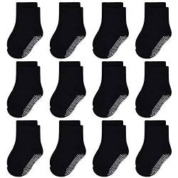 GRPSKCOS Baby Kinder Socken ABS Rutschfeste Kleinkind Socken 12 Paar Kinder Stoppersocken für 0-10 Jahre Jungen Mädchen Anti Rutsch Socken (3-5 Jahre, 3 Schwarz -12 Paare) von GRPSKCOS