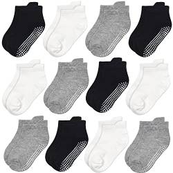 GRPSKCOS Kinder Baby Stopper Socken 12 Paar ABS Rutschfeste Kleinkind Socken für Kinder Jungen Mädchen für 0-7 Jahre Kinder Anti Rutsch Socken (1-3 Jahre, 3 Weiß/Grau/Schwarz-12 Paar) von GRPSKCOS