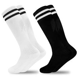 GRPSKCOS Kinder Fußball Socken, 2 Paar Sport Mädchen Jungen Fußball Kniestrümpfe Kniestrümpfe Kleinkind Streifen Schuluniform Strümpfe（#1 Weiß Schwarz & Schwarz Weiß- 2 Paar，6-12 Jahre von GRPSKCOS