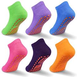 GRPSKCOS Kinder Rutschfeste Socken Innenbereich Klebrige Trampolin Socken 6 Paar für Jungen Mädchen 2-13 Jahre (02 Rosarot+Orange+Blau+Grün+Dunkelviolett+Lila, 10-13 Jahre) von GRPSKCOS