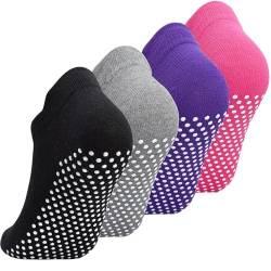 GRPSKCOS Yoga Socken Stoppersocken Damen, 4 Paare Antirutschsocken, Rutschfeste Slipper Socken für Yoga, Pilates, Tanz, Krankenhaus, Zuhause, Workout, Sport(01 Schwarz+Grau+Rose+Lila,35-40) von GRPSKCOS