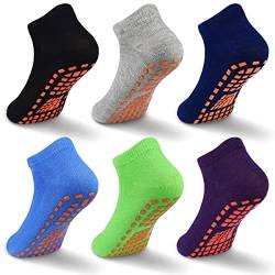 Kinder Rutschfeste Socken Klebrige Griffe Atmungsaktive Trampolin Socken für den Innenbereich 6 Paar für Kinder Jungen & Mädchen 2-13 Jahre (01 Schwarz+Grau+Navy+Blau+Grün+Dunkelviolett, 2-5 Jahre) von GRPSKCOS