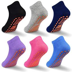 Kinder Rutschfeste Socken Klebrige Griffe Atmungsaktive Trampolin Socken für den Innenbereich 6 Paar für Kinder Jungen & Mädchen 2-13 Jahre (03 Schwarz+Grau+Navy+Lila+Rosarot+Blau, 10-13 Jahre) von GRPSKCOS