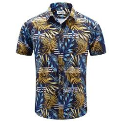 GRTXIN Hawaii-Hemden für Herren, lässig, bedruckt, kurzärmelig, Aloha, Blumenmuster, Strandhemden, Blau-braune Blätter, Klein von GRTXIN