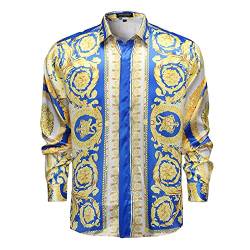 Herren Luxus-Marke Bedrucktes Seidenähnliches Satin Button-Down-Kleid Hemd für Party Abschlussball Langarm Slim Fit Floral Nachtclub Hemd, mehrfarbig26, L von GSBOGOSSE