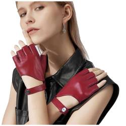 GSG Damen Fingerlose Lederhandschuhe zum Autofahren Ungefütterte Schaffell Halbfinger Handschuhe aus echtem Leder Rot Small von GSG SINCE 1998