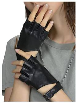 GSG Damen Fingerlose Lederhandschuhe zum Autofahren Ungefütterte Schaffell Halbfinger Handschuhe aus echtem Leder Schwarz Large von GSG SINCE 1998