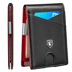 GSOIAX Slim Leather RFID Bifold Wallet for Men with Money Clip and 12 Credit Card Holders - Minimalist Front Pocket Wallet with ID Window, Cool Groove Design, D-Leder Schwarz - Rot, Slim Jeans von GSOIAX