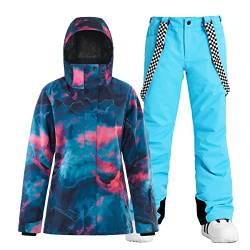 GSOU SNOW Ski Sets für Frauen Ski Jacken und Hosen Schneeanzug Snowboard Mantel outfits Warme Kapuze Wasserdicht Winddicht Isoliert, Blau 1 , Medium von GSOU SNOW