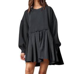 Damen Oversized Sweatshirt Kleid Patchwork Langarm Rundhals Pullover Tops Flowy Plissee Sweatshirt Minikleid, Schwarz, Klein von GTETKDE