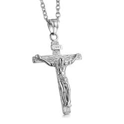GTHIC Herren Edelstahl Jesus Christus Kruzifix Anhänger Halsketten Religion Schmuck Geschenk, 60 cm Silber Halskette von GTHIC