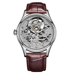 GUANQIN Echtes Tourbillon Skeleton Handaufzug Mechanische Armbanduhr Herren Saphir Manuell Business Uhr Leuchtend Chinesischer Stil Zodiac Hund Diamantzifferblatt Lederband Silber Braun 42mm von GUANQIN