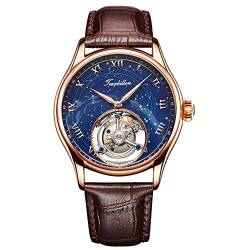 GUANQIN Echtes Tourbillon Skelett Handaufzug Mechanische Armbanduhr Herren Saphir Manuelle Business Kleid Uhr Uhr für Mann Leuchtend Sternenhimmel Zifferblatt Lederband, Roségoldbraun, 42mm von GUANQIN