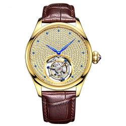 GUANQIN Echtes Tourbillon Skelett Handaufzug Mechanische Armbanduhr Herren Saphir Manuelle Business Kleid Uhr für Mann Leuchtendes Gypsophila Zifferblatt Lederband, Goldbraun, 42mm von GUANQIN