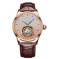 GUANQIN Echtes Tourbillon Skelett Handaufzug Mechanische Armbanduhr Herren Saphir Manuelle Business Kleid Uhr für Mann Leuchtendes Gypsophila Zifferblatt Lederband, Roségoldbraun, 42mm von GUANQIN