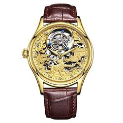 GUANQIN Echtes Tourbillon Skelett Handaufzug Mechanische Armbanduhr Herren Saphir Manuelle Businessuhr Uhr Leuchtend Chinesischen Stil Sternzeichen Hund Diamant Zifferblatt Lederband, Goldbraun, 42mm von GUANQIN