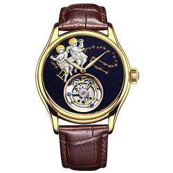 GUANQIN Tourbillon Mechanische Armbanduhr für Herren, Skelett, Handaufzug, Goldstein, Saphir, manuelle Business-Uhr, Uhr für Herren, leuchtendes Gemini-Zifferblatt, Lederband, Goldbraun, 42mm von GUANQIN